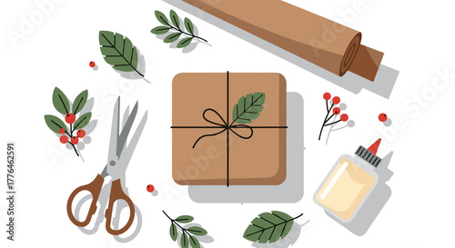 Ecofriendly gift wrapping with natural elements and craft supplies