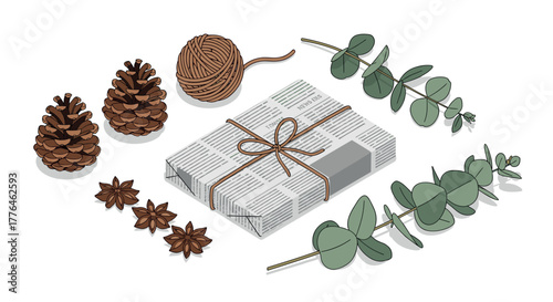 Ecofriendly gift wrapping with pine cones, twine, and eucalyptus leaves in isometric design
