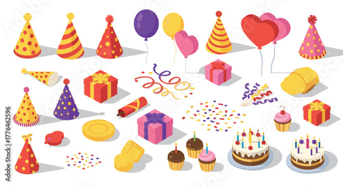 Isometric party celebration elements with balloons, cakes, and gifts for festive designs