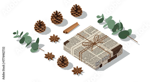 Ecofriendly gift wrap with pinecones and eucalyptus in isometric design