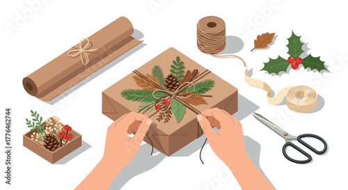Crafting holiday gift wrapping with natural elements in isometric style