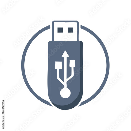 Digital USB flash drive icon with connection symbol inside a circle