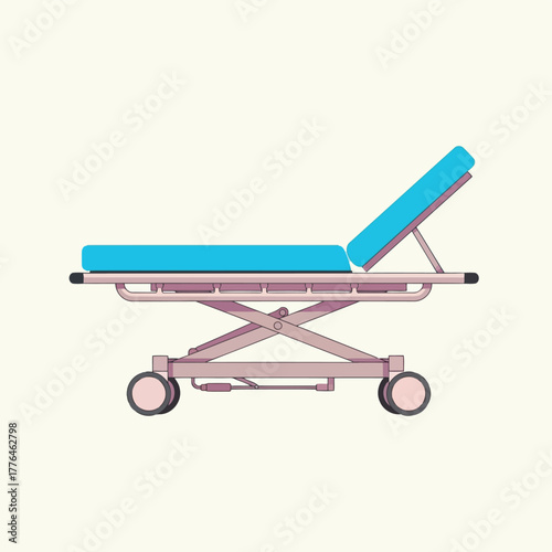 Vector illustration of a medical stretcher with a blue mattress and adjustable backrest, on a light background