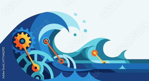 Mechanical wave illustration depicting the power of technology and the ocean.