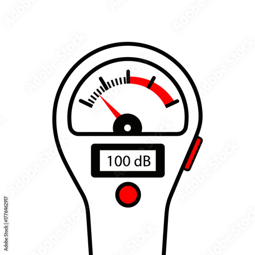Sound decibel meter illustration showing 100 dB reading on a transparent background