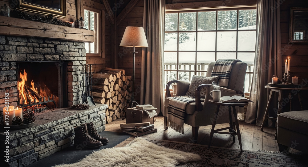 Fototapeta premium Warm Cabin Living Room with Fireplace, Wood Interior, and Snowy Window View 