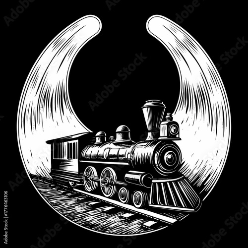 Vintage steam locomotive traveling on tracks in circular frame concept of icon  