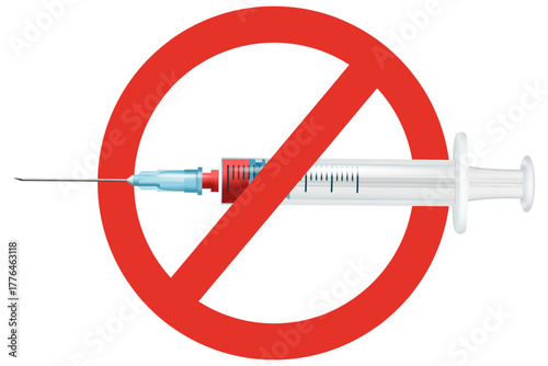 Syringe with a red prohibition sign on a white background