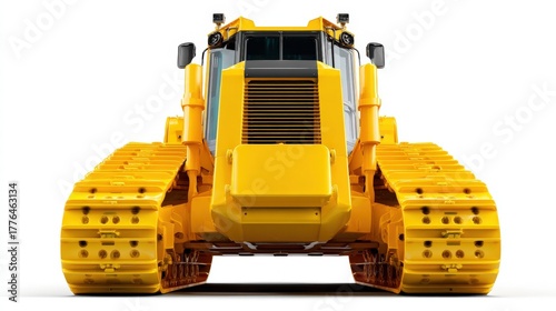 3d rendering of a yellow bulldozer. the bulldozer has a large front grille and two headlights on either side.