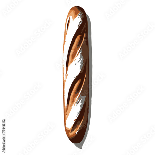 A freshly baked golden brown baguette with a crisp crust and soft interior isolated on a clean white background