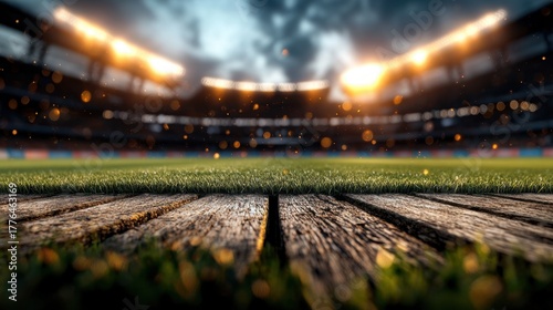 Vibrant stadium lights illuminating an empty soccer field at dusk