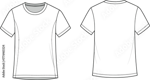 Basic short sleeve t-shirt flat sketch, front and back view, crew neck, fashion template, apparel design, vector illustration, garment construction