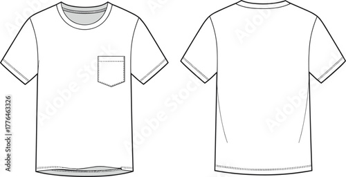 Basic short sleeve t-shirt flat sketch, front and back view, fashion design template, technical drawing, apparel outline, vector illustration