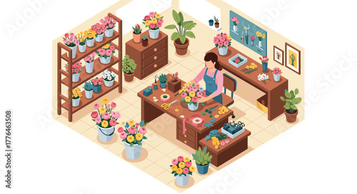 Isometric flower shop scene with florist arranging bouquets in vibrant indoor garden