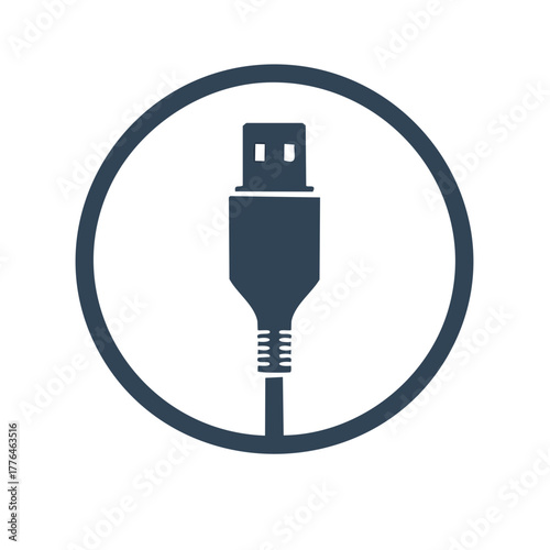 Flat design USB Type A connector plug inside circle graphic for digital technology and data transfer