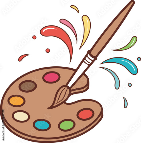 Artist's palette with paintbrush and colorful paint splatters illustration