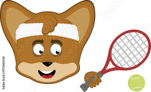 vector illustration emoticon character face fox animal, with a tennis racket and ball