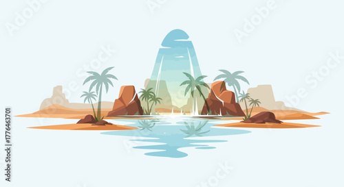 Oasis in the desert with palm trees and water reflection.
