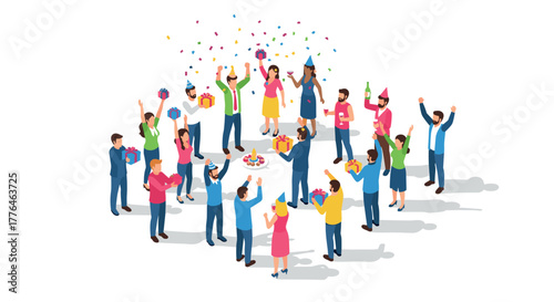 Office celebration party with people in festive outfits and decorations in isometric style