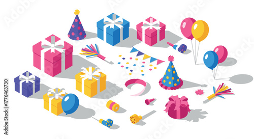 Colorful isometric birthday celebration with gifts and balloons