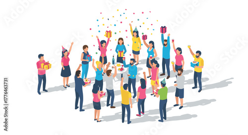 Celebration gathering of diverse individuals in vibrant isometric style