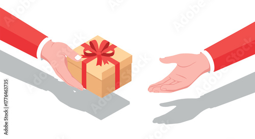 Handing a gift box with red ribbon in isometric style for celebrations and special occasions