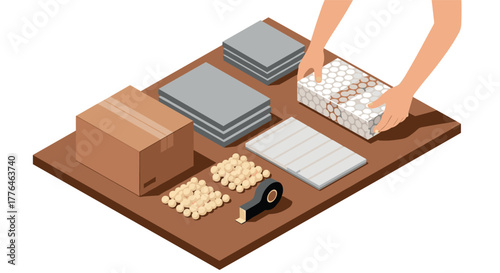 Efficient packing process with box and materials on a table