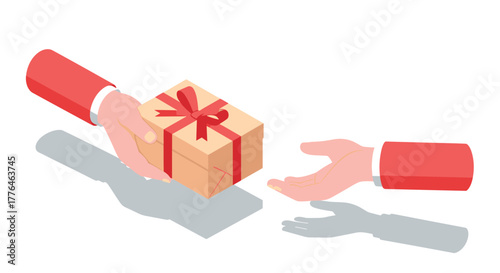 Isometric gift exchange two hands passing a wrapped present with red ribbon