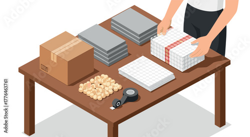 Isometric packing process with cardboard boxes and packing materials on a wooden table