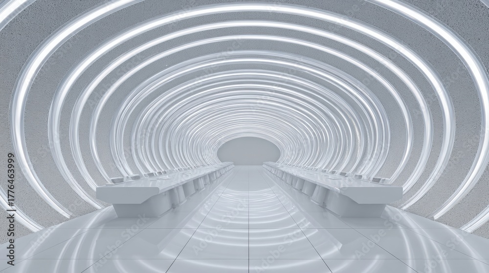 Obraz premium Long, curved tunnel-like structure with a white floor and walls. the tunnel appears to be made up of multiple layers of white tiles, creating a wave-like pattern.
