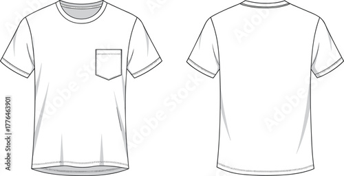 Basic short sleeve t-shirt front and back view, fashion flat sketch, apparel design template, casual wear, garment technical drawing