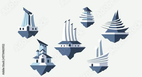 Set of isolated futuristic fantasy buildings on floating islands.