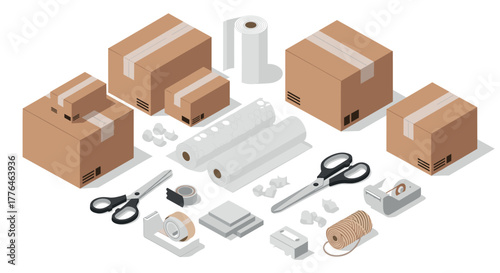 Isometric packing essentials with cardboard boxes and shipping tools for efficient handling