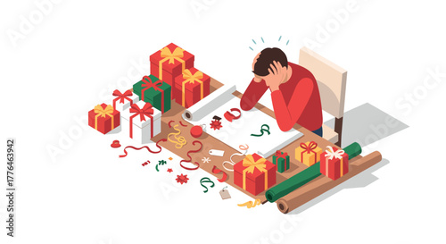 Overwhelmed by holiday gift wrapping with colorful presents and accessories