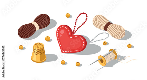Isometric sewing tools and materials with heart patch on white background