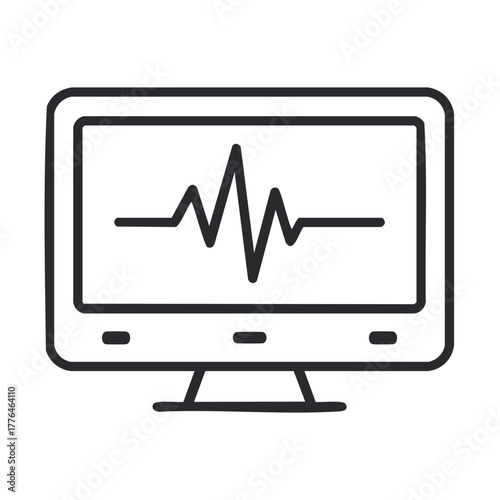Electrocardiogram display screen featuring heart activity readout, minimal line drawing, health, diagnostic, monitoring