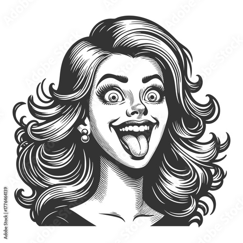 woman sticking out her tongue and crossing her eyes, expressing humor sketch engraving generative ai fictional character vector illustration. Scratch board imitation. Black and white image.