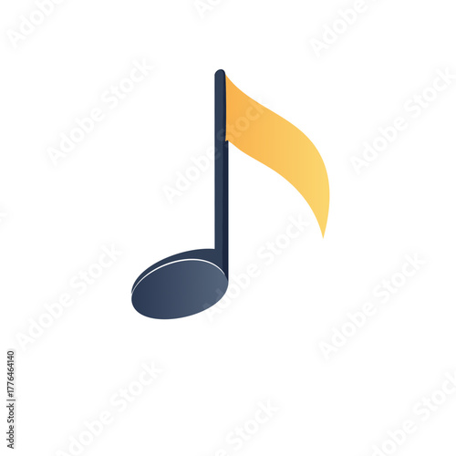 Modern eighth musical note vector icon with a golden gradient flag. A stylish graphic symbol for music and sound.