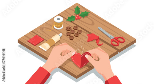 Crafting holiday decorations hands making a heart with felt and buttons on wooden table