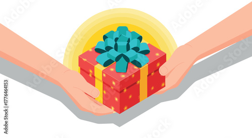 Gift exchange with hands holding wrapped present in colorful design