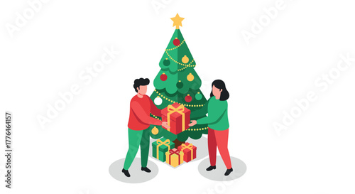 Festive holiday celebration people exchanging gifts by the christmas tree