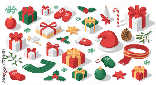 Festive isometric holiday elements with gifts and decorations