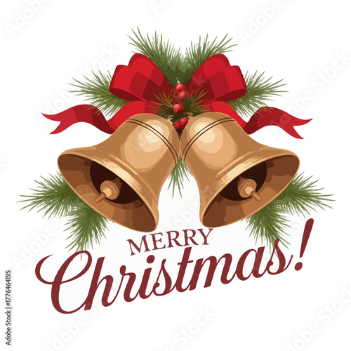 Golden christmas bells tied with red ribbon and green pine branches with merry christmas text isolated on white background