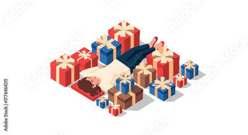 Woman relaxing among gift boxes in isometric style on white background
