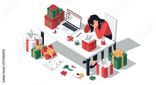 Holiday stress at work overwhelmed woman with gift boxes and laptop in isometric style