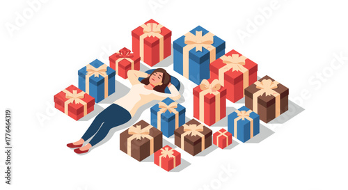 Isometric illustration of woman relaxing among celebratory gift boxes in red, blue, and brown