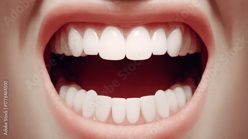 Unlock the power of a whiter smile with comprehensive dental care. Surreal composition. Warm ambiance accentuates the perfectly white smile of a young woman. Edgy editorial. Fantastical figures.