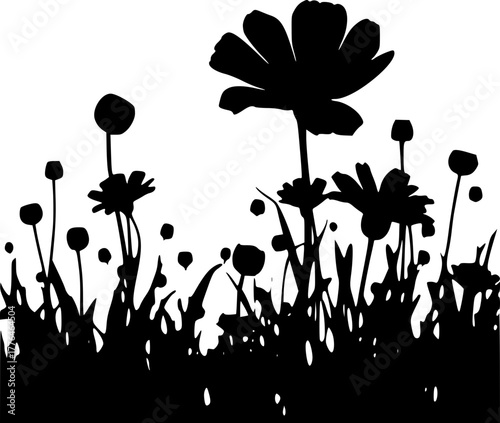 Wildflower field silhouette vector for countryside scenery concept