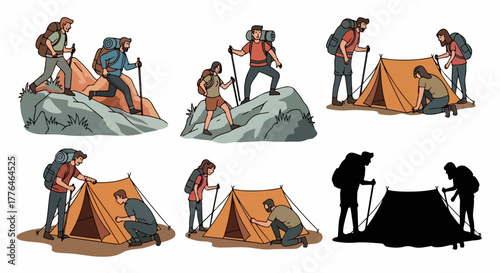 Hikers camping outdoors with trekking poles