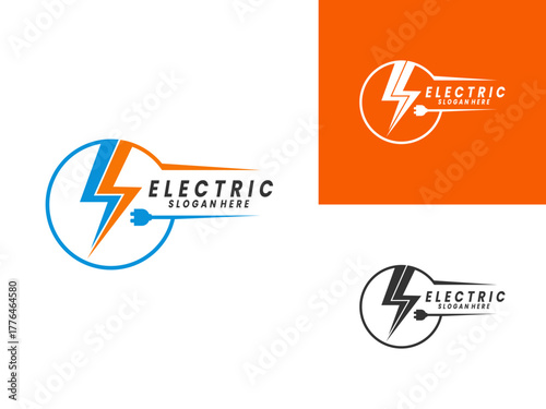 Electric lightning with circle logo design vector template. Electric line logo design